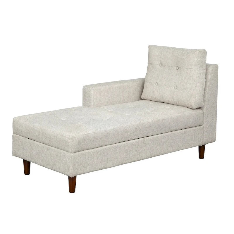 Chaise longue imbottita con contenitore | Tessuto effetto lino | Trapuntatura capitonné | Piedini color noce