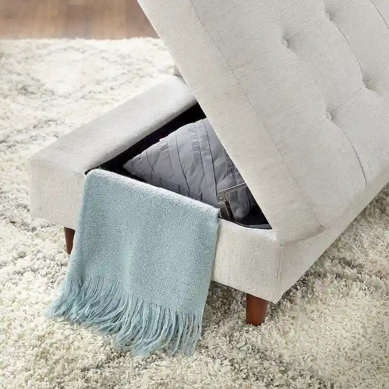 Chaise longue imbottita con contenitore | Tessuto effetto lino | Trapuntatura capitonné | Piedini color noce