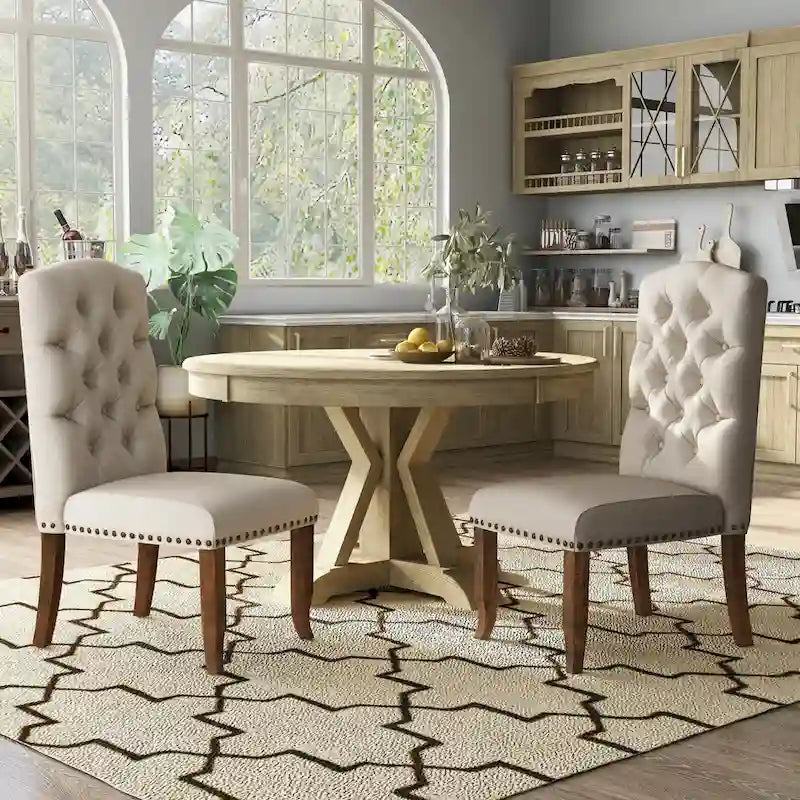 Set di 2 sedie da pranzo in tessuto trapuntato stile rustico | Gambe in legno massello | Seduta imbottita