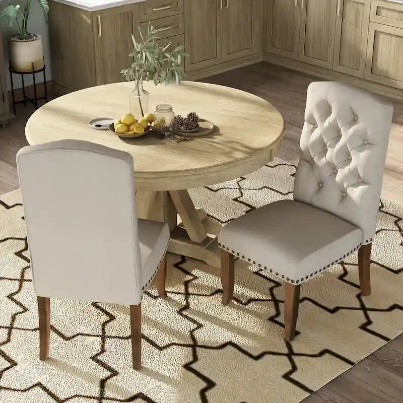 Set di 2 sedie da pranzo in tessuto trapuntato stile rustico | Gambe in legno massello | Seduta imbottita