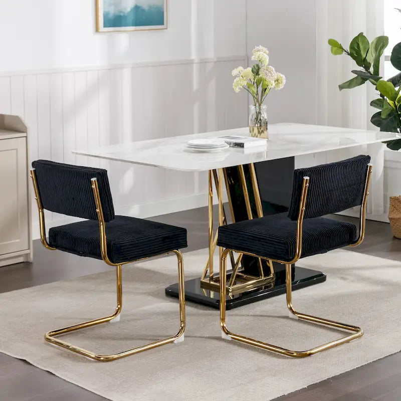 Sedie da pranzo moderne con base in metallo dorato, sedie da cucina accentate senza braccioli con trapuntatura a canale, set da 2