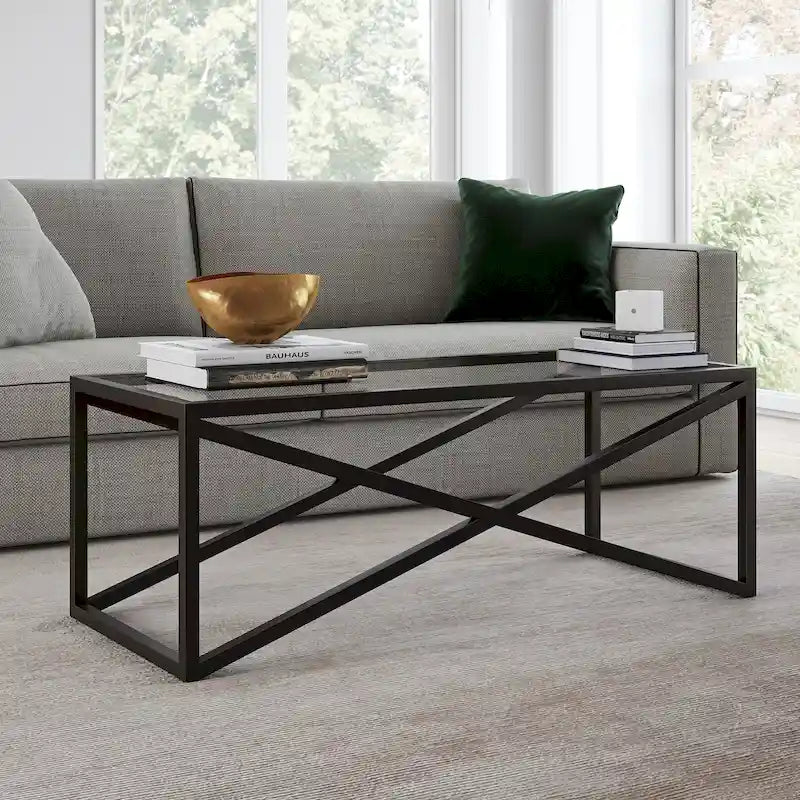 Tavolino moderno | Piano in vetro temperato | Base in acciaio a forma di X | Bronzo annerito | 117 cm lungh.