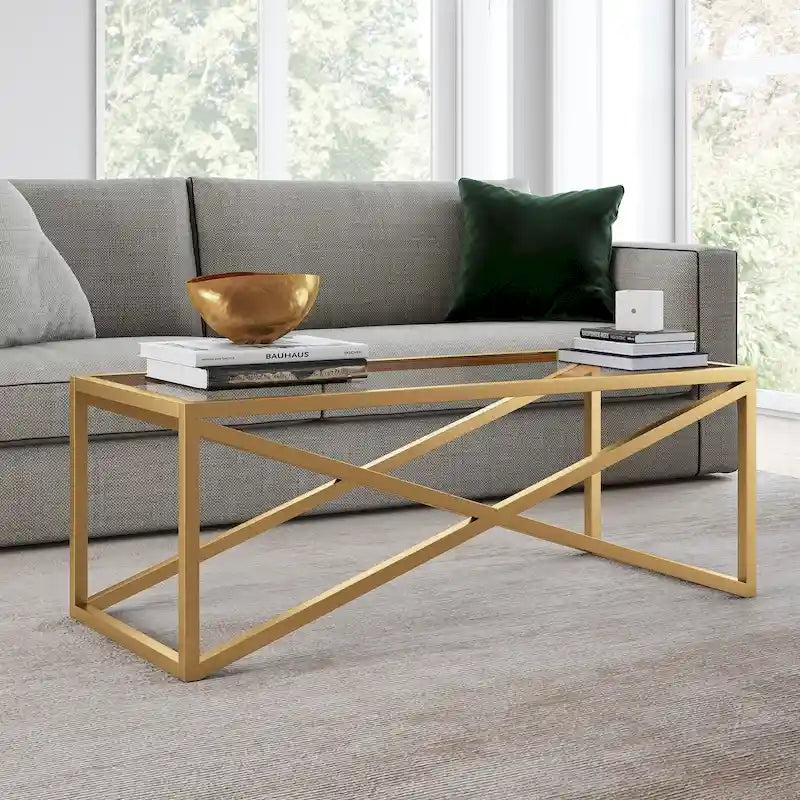 Tavolino moderno | Piano in vetro temperato | Base in acciaio a forma di X | Bronzo annerito | 117 cm lungh.