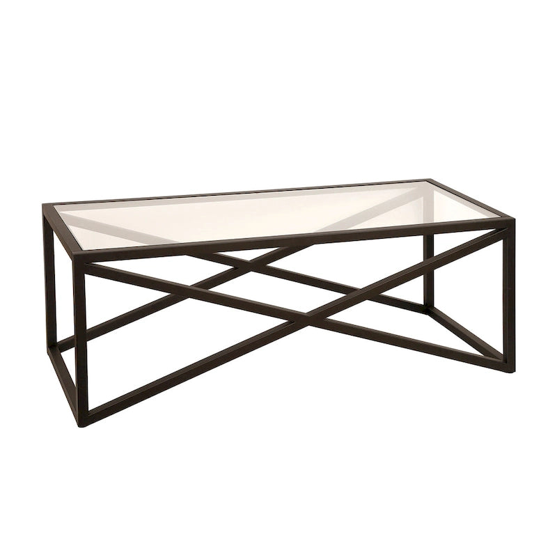 Tavolino moderno | Piano in vetro temperato | Base in acciaio a forma di X | Bronzo annerito | 117 cm lungh.