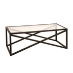 Tavolino moderno | Piano in vetro temperato | Base in acciaio a forma di X | Bronzo annerito | 117 cm lungh.