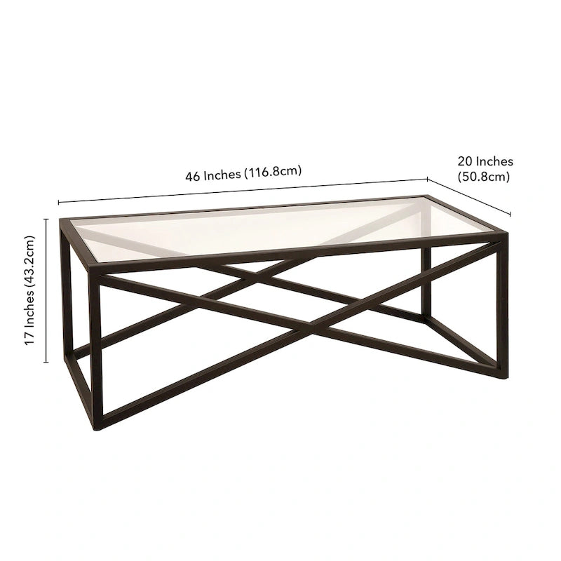 Tavolino moderno | Piano in vetro temperato | Base in acciaio a forma di X | Bronzo annerito | 117 cm lungh.
