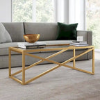 Tavolino moderno | Piano in vetro temperato | Base in acciaio a forma di X | Bronzo annerito | 117 cm lungh.