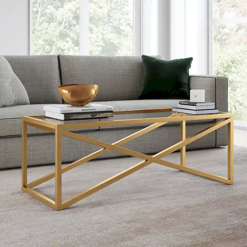 Tavolino moderno | Piano in vetro temperato | Base in acciaio a forma di X | Bronzo annerito | 117 cm lungh.