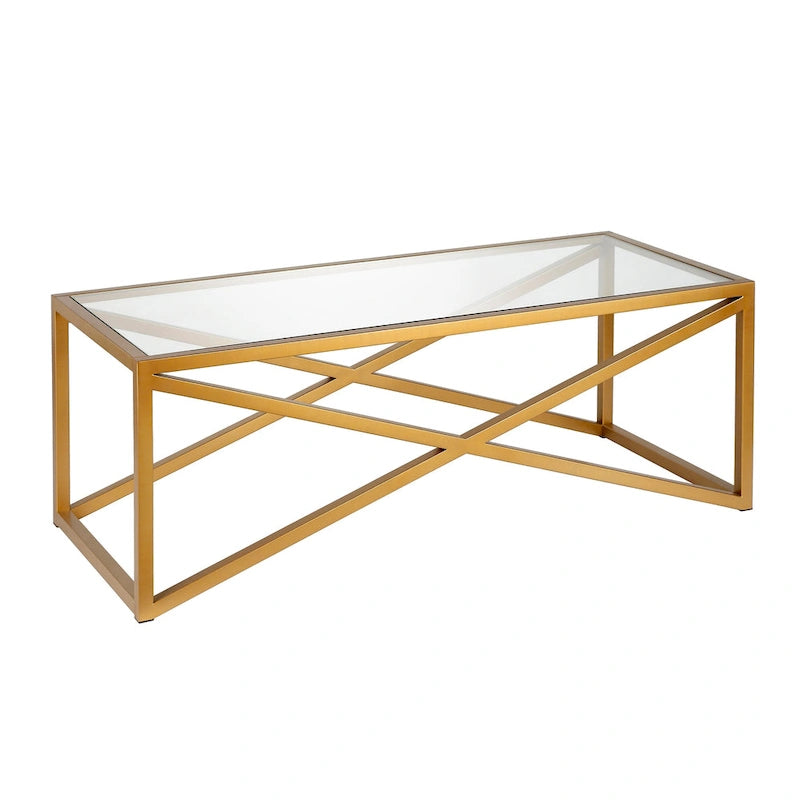 Tavolino moderno | Piano in vetro temperato | Base in acciaio a forma di X | Bronzo annerito | 117 cm lungh.