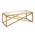 Tavolino moderno | Piano in vetro temperato | Base in acciaio a forma di X | Bronzo annerito | 117 cm lungh.