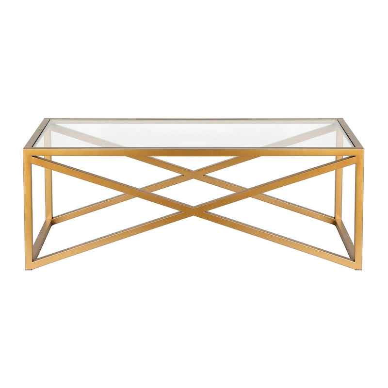Tavolino moderno | Piano in vetro temperato | Base in acciaio a forma di X | Bronzo annerito | 117 cm lungh.