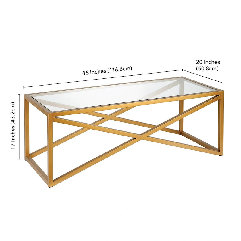 Tavolino moderno | Piano in vetro temperato | Base in acciaio a forma di X | Bronzo annerito | 117 cm lungh.