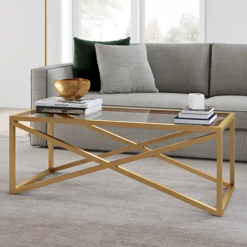 Tavolino moderno | Piano in vetro temperato | Base in acciaio a forma di X | Bronzo annerito | 117 cm lungh.