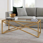 Tavolino moderno | Piano in vetro temperato | Base in acciaio a forma di X | Bronzo annerito | 117 cm lungh.