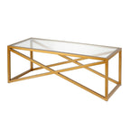 Tavolino moderno | Piano in vetro temperato | Base in acciaio a forma di X | Bronzo annerito | 117 cm lungh.