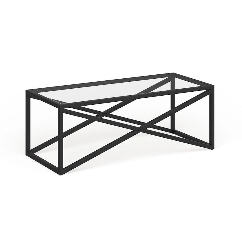 Tavolino moderno | Piano in vetro temperato | Base in acciaio a forma di X | Bronzo annerito | 117 cm lungh.