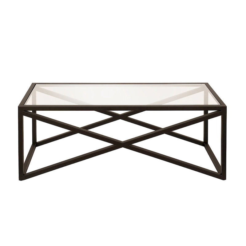 Tavolino moderno | Piano in vetro temperato | Base in acciaio a forma di X | Bronzo annerito | 117 cm lungh.