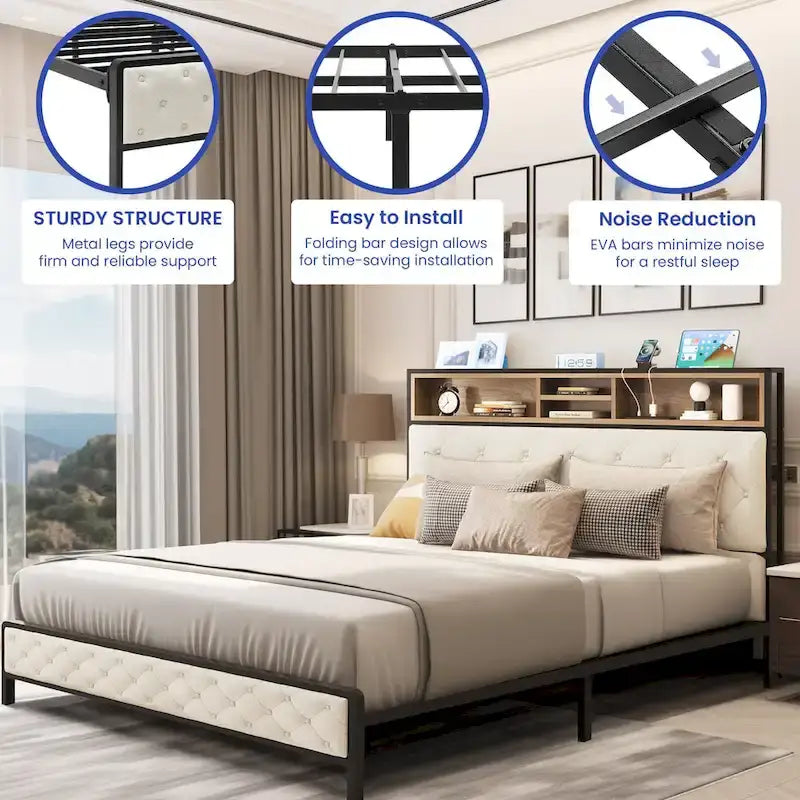 Letto imbottito con base a piattaforma e testiera contenitore | 2 porte USB | 499 kg | Queen