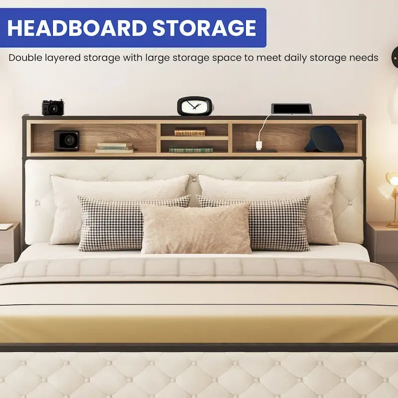 Letto imbottito con base a piattaforma e testiera contenitore | 2 porte USB | 499 kg | Queen