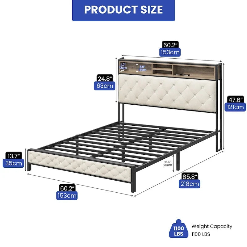 Letto imbottito con base a piattaforma e testiera contenitore | 2 porte USB | 499 kg | Queen