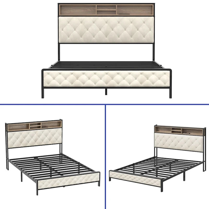 Letto imbottito con base a piattaforma e testiera contenitore | 2 porte USB | 499 kg | Queen
