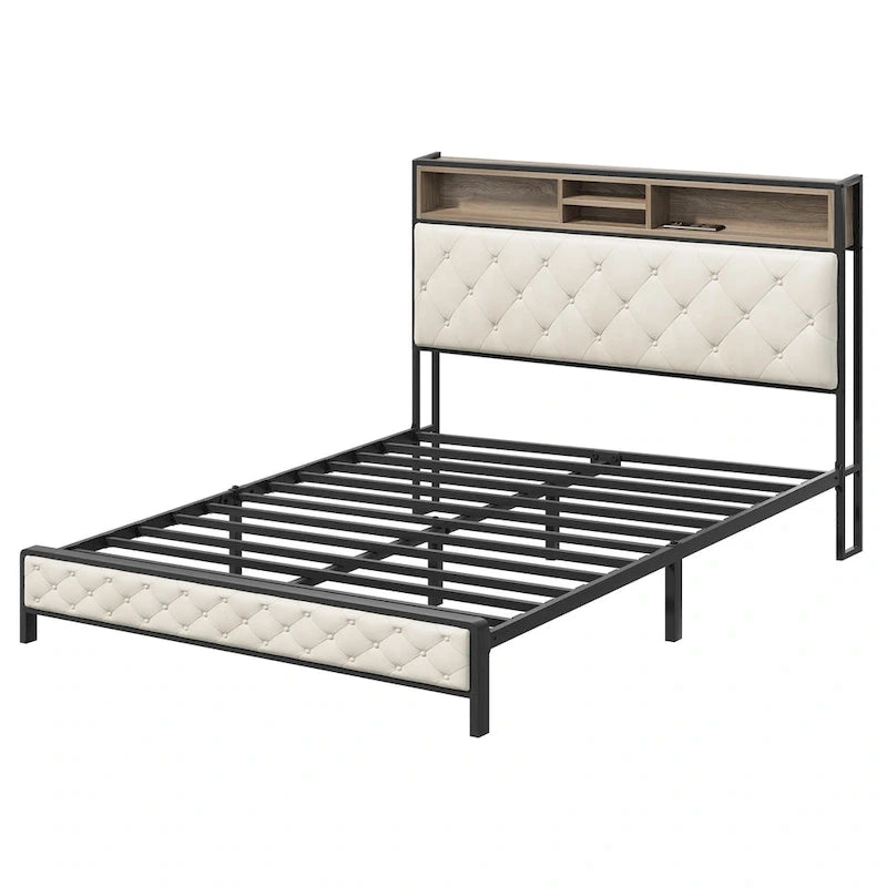 Letto imbottito con base a piattaforma e testiera contenitore | 2 porte USB | 499 kg | Queen
