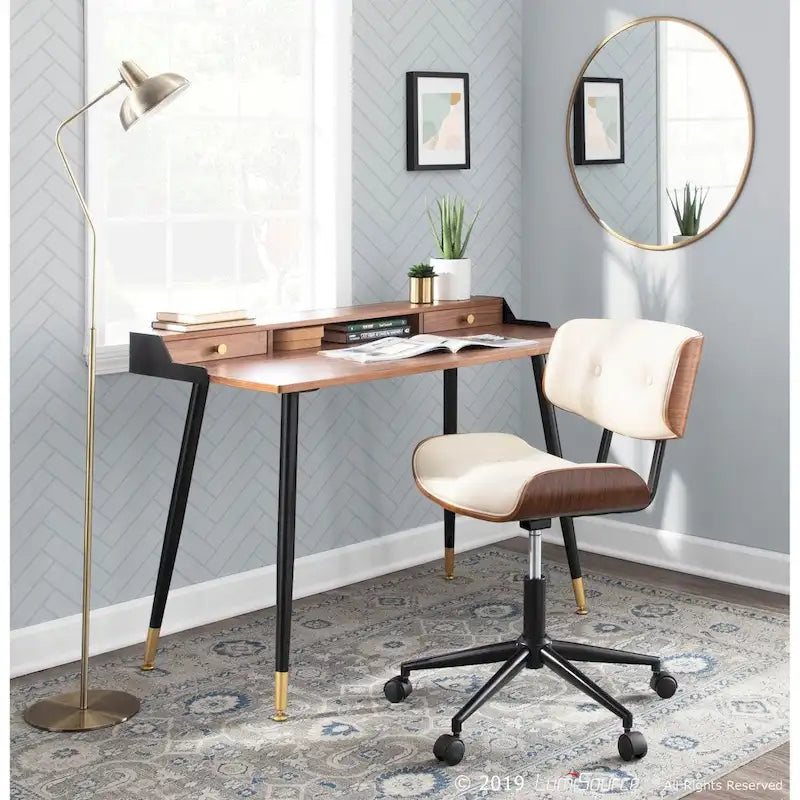 Sedia da Ufficio Mid-Century Modern | Similpelle Trapuntata | Legno di Noce | Girevole a 360°