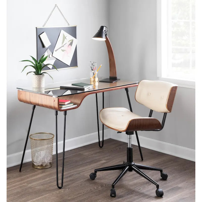 Sedia da Ufficio Mid-Century Modern | Similpelle Trapuntata | Legno di Noce | Girevole a 360°