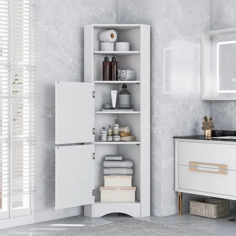 Mobiletto angolare alto per bagno | Ripiani regolabili | MDF | 38x38x155 cm