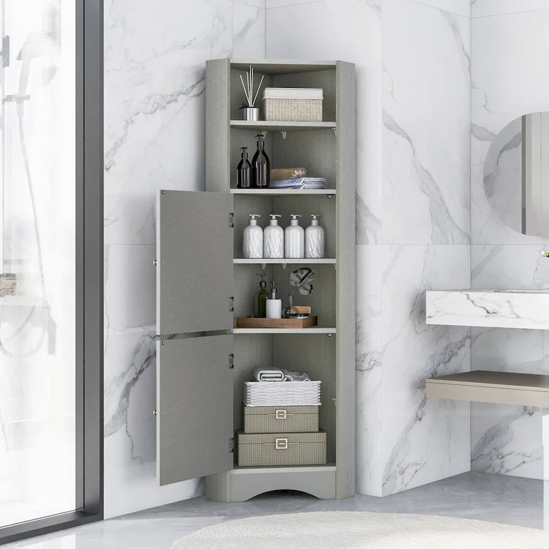 Mobiletto angolare alto per bagno | Ripiani regolabili | MDF | 38x38x155 cm