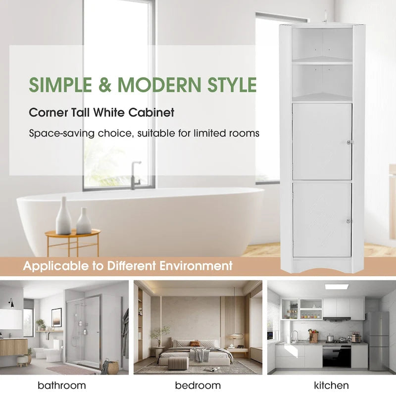Mobiletto angolare alto per bagno | Ripiani regolabili | MDF | 38x38x155 cm