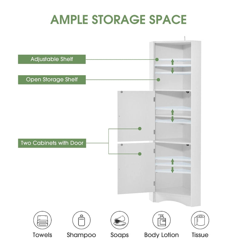 Mobiletto angolare alto per bagno | Ripiani regolabili | MDF | 38x38x155 cm