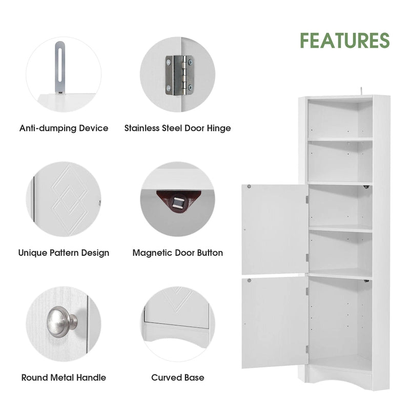 Mobiletto angolare alto per bagno | Ripiani regolabili | MDF | 38x38x155 cm