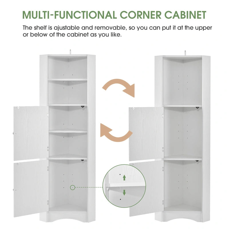Mobiletto angolare alto per bagno | Ripiani regolabili | MDF | 38x38x155 cm