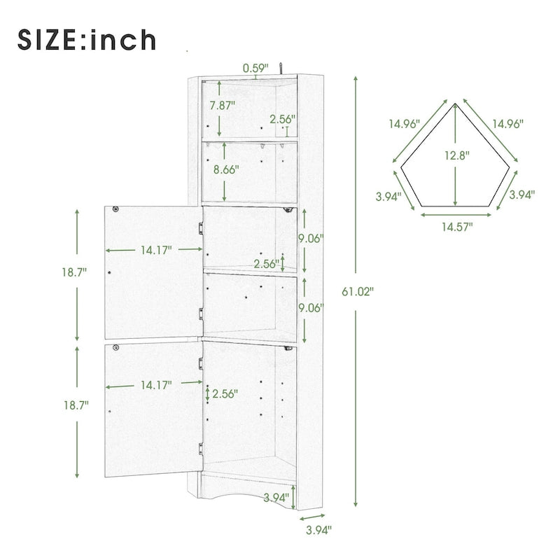 Mobiletto angolare alto per bagno | Ripiani regolabili | MDF | 38x38x155 cm