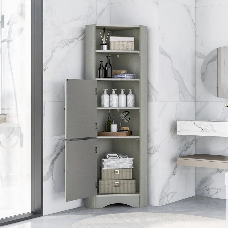 Mobiletto angolare alto per bagno | Ripiani regolabili | MDF | 38x38x155 cm