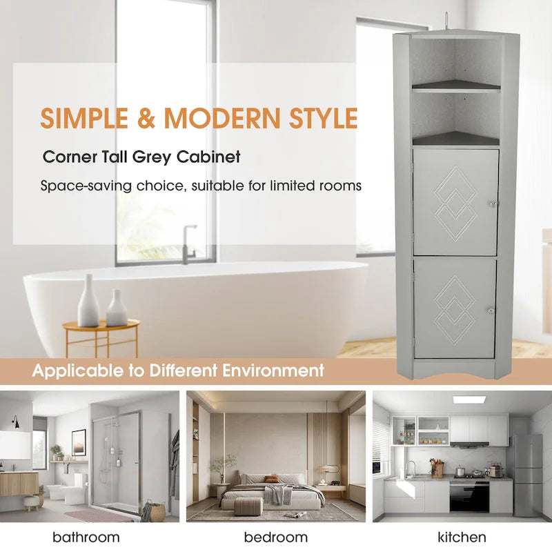 Mobiletto angolare alto per bagno | Ripiani regolabili | MDF | 38x38x155 cm