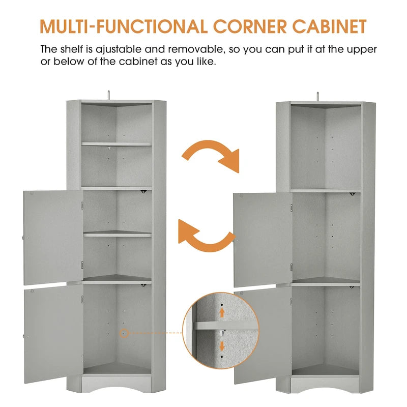 Mobiletto angolare alto per bagno | Ripiani regolabili | MDF | 38x38x155 cm