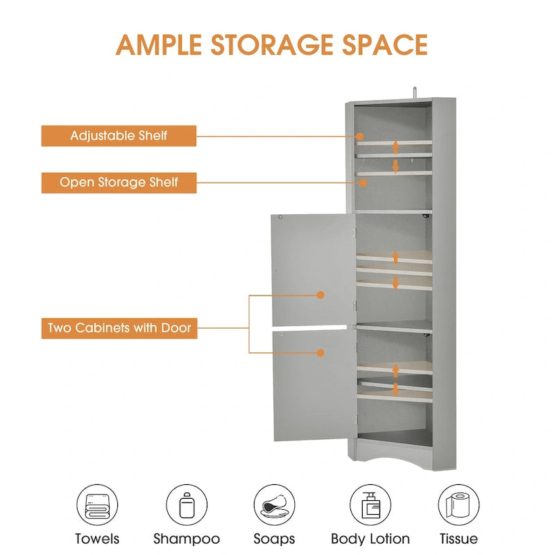 Mobiletto angolare alto per bagno | Ripiani regolabili | MDF | 38x38x155 cm