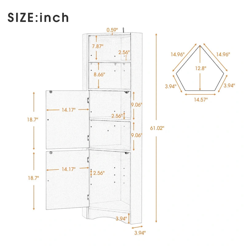 Mobiletto angolare alto per bagno | Ripiani regolabili | MDF | 38x38x155 cm
