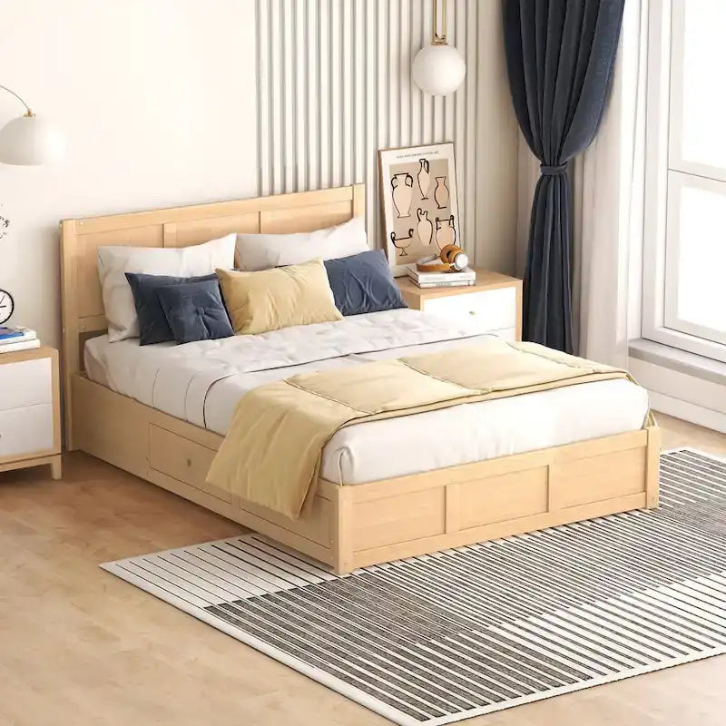 Letto a piattaforma in legno full size con contenitore sottostante e 2 cassetti, colore legno