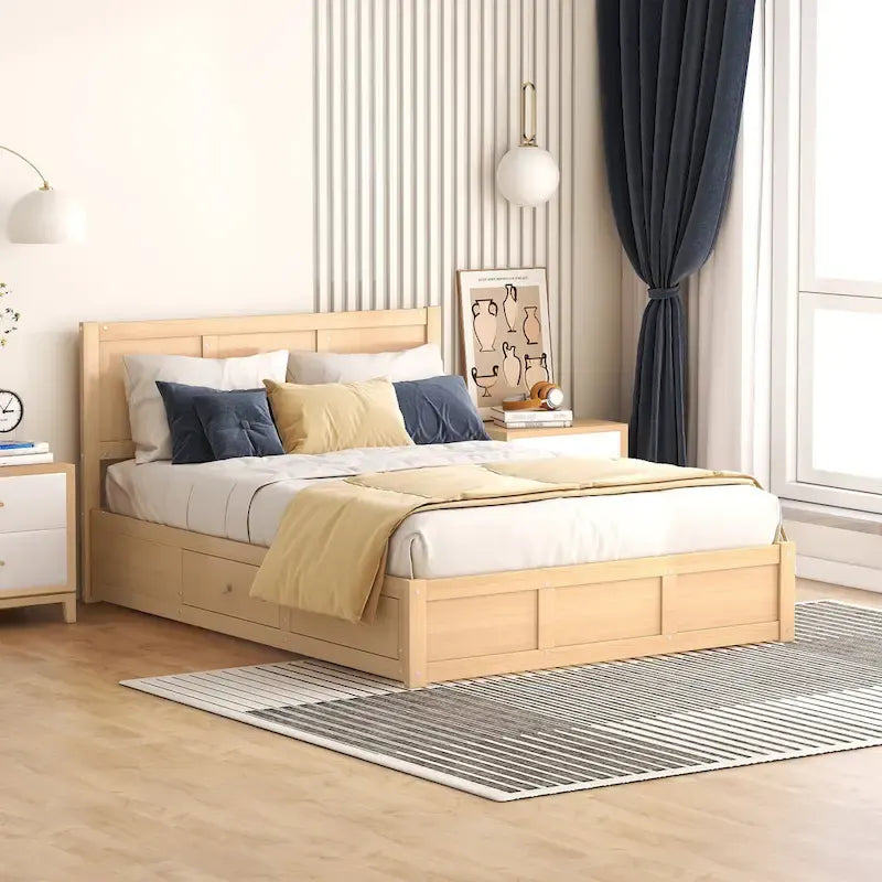Letto a piattaforma in legno full size con contenitore sottostante e 2 cassetti, colore legno