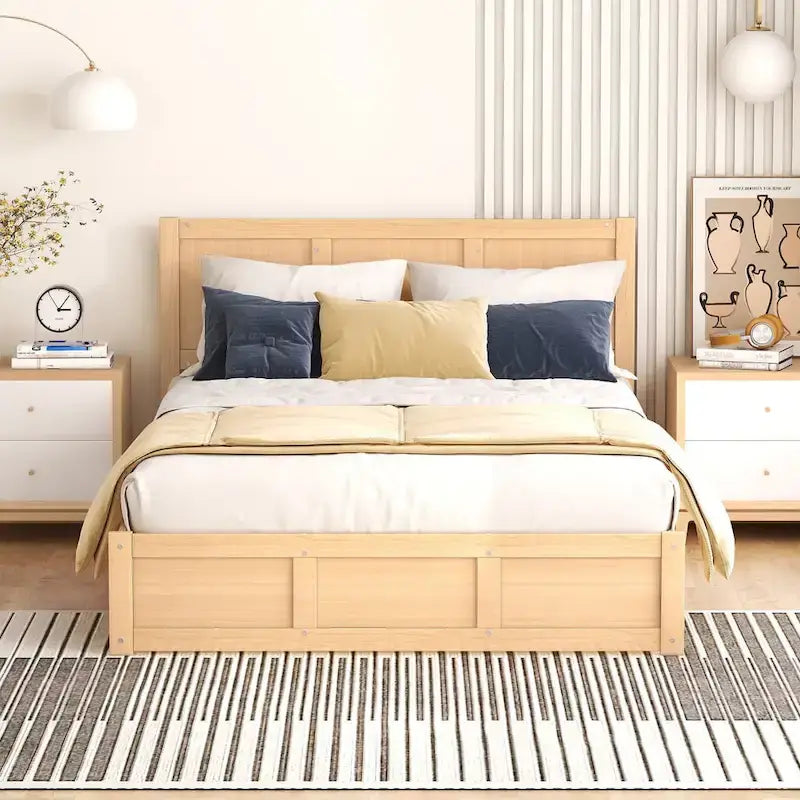 Letto a piattaforma in legno full size con contenitore sottostante e 2 cassetti, colore legno
