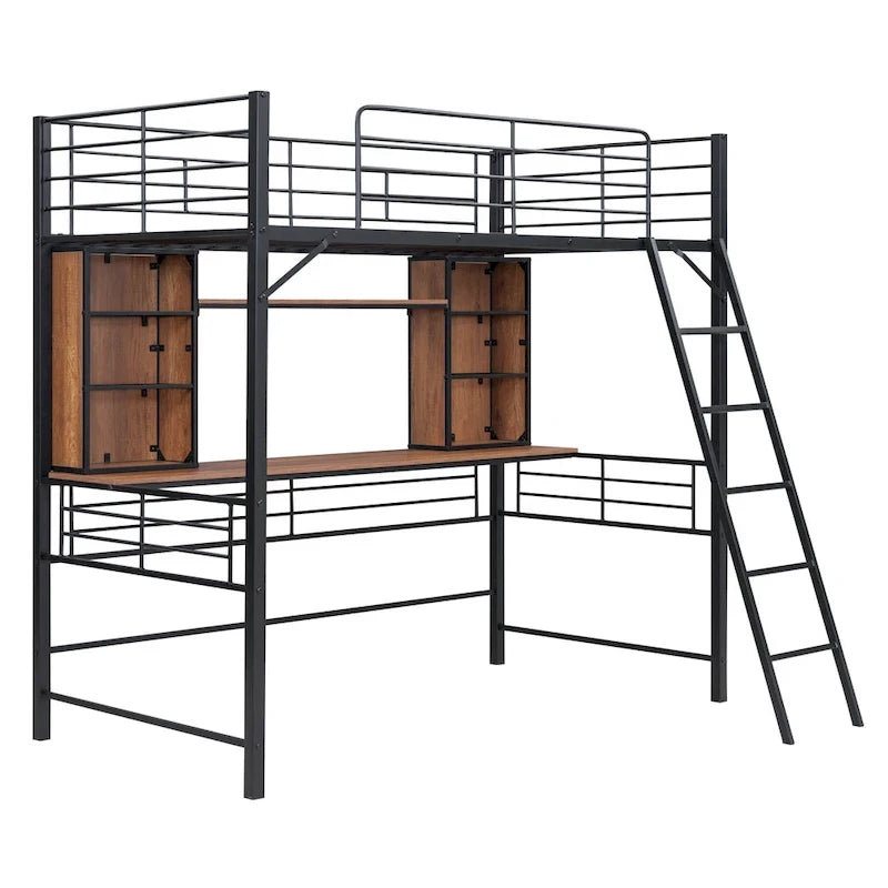 Letto a soppalco singolo con scrivania e mensola, letto a soppalco con scaletta, singolo, nero