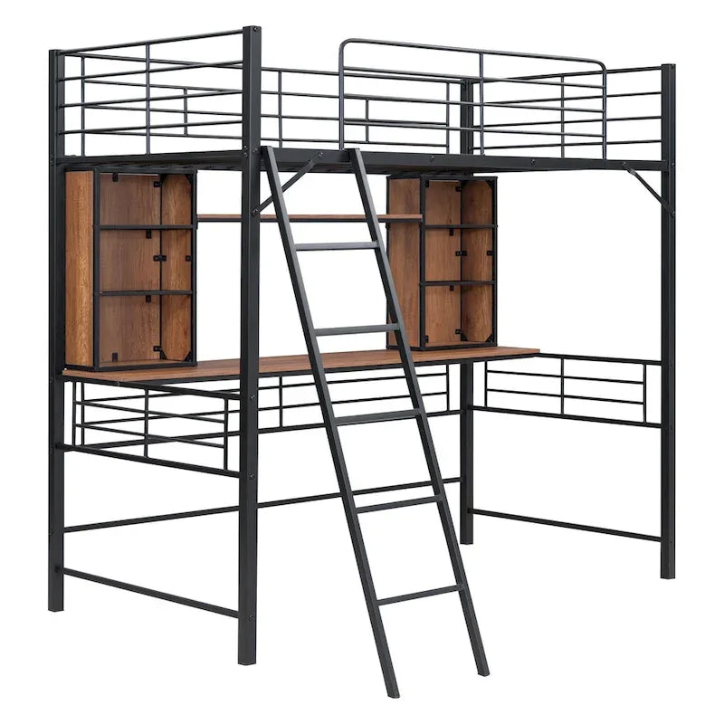 Letto a soppalco singolo con scrivania e mensola, letto a soppalco con scaletta, singolo, nero
