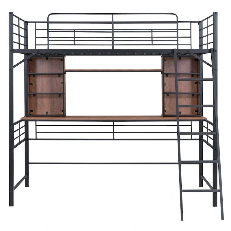 Letto a soppalco singolo con scrivania e mensola, letto a soppalco con scaletta, singolo, nero