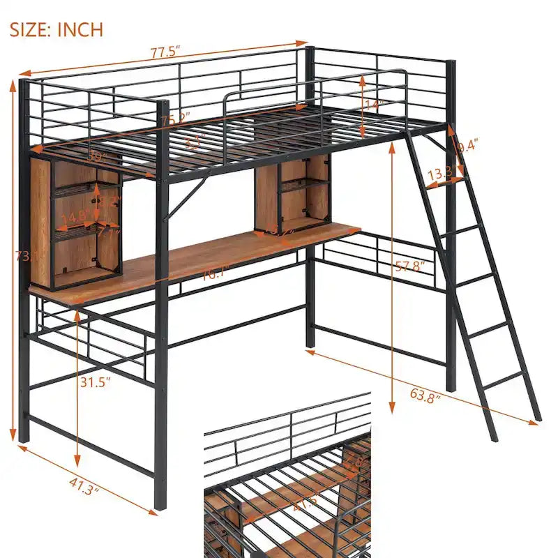 Letto a soppalco singolo con scrivania e mensola, letto a soppalco con scaletta, singolo, nero