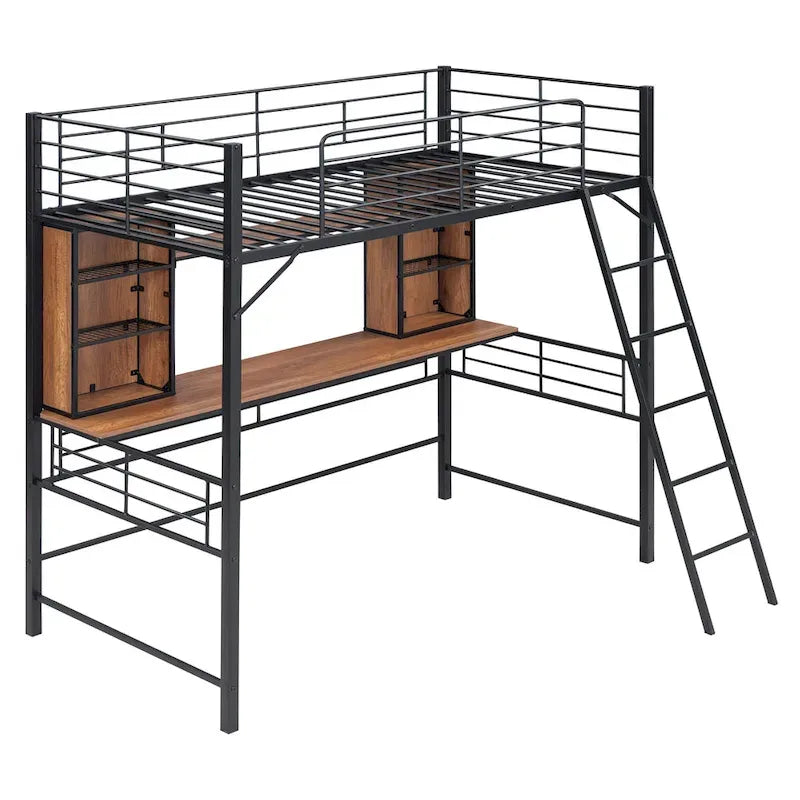 Letto a soppalco singolo con scrivania e mensola, letto a soppalco con scaletta, singolo, nero