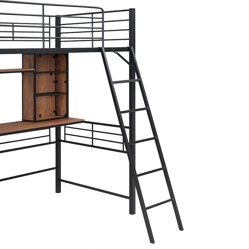 Letto a soppalco singolo con scrivania e mensola, letto a soppalco con scaletta, singolo, nero