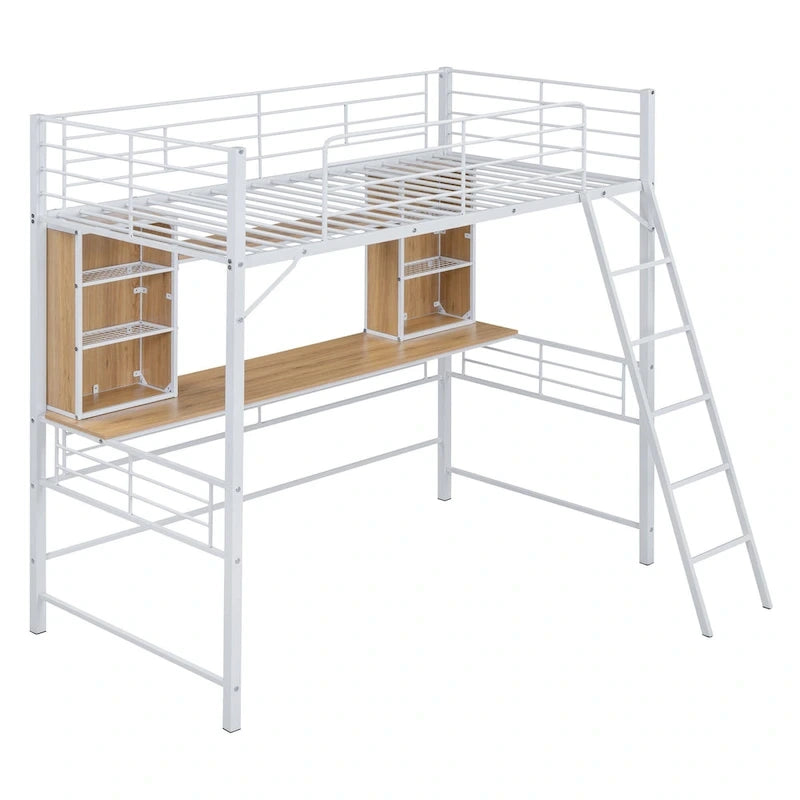 Letto a soppalco singolo con scrivania e mensola, letto a soppalco con scaletta, singolo, nero